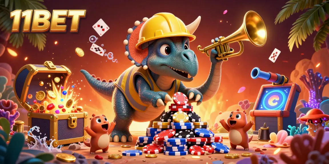 Engage with the thrilling world of 11BET as characters celebrate around dynamic casino elements.