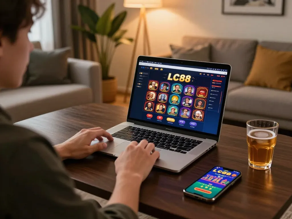Player enjoying LC88 online casino gaming on a laptop with vibrant gameplay visible