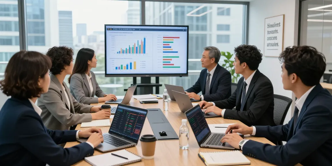Group of investors discussing ETF strategies in a modern office.