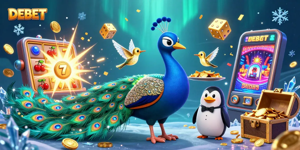 Spin and win with DEBET at this vibrant casino illustration showcasing dynamic gaming elements.