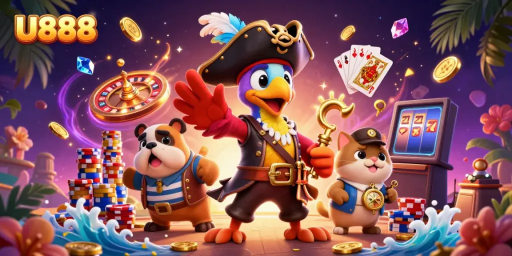 Experience thrilling casino moments with U888's pirate gang battling for riches amidst a vibrant 3D scene.