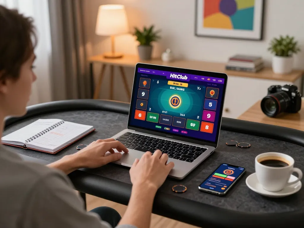 Engaging in online gambling with Hitclub on a laptop while managing a bankroll.