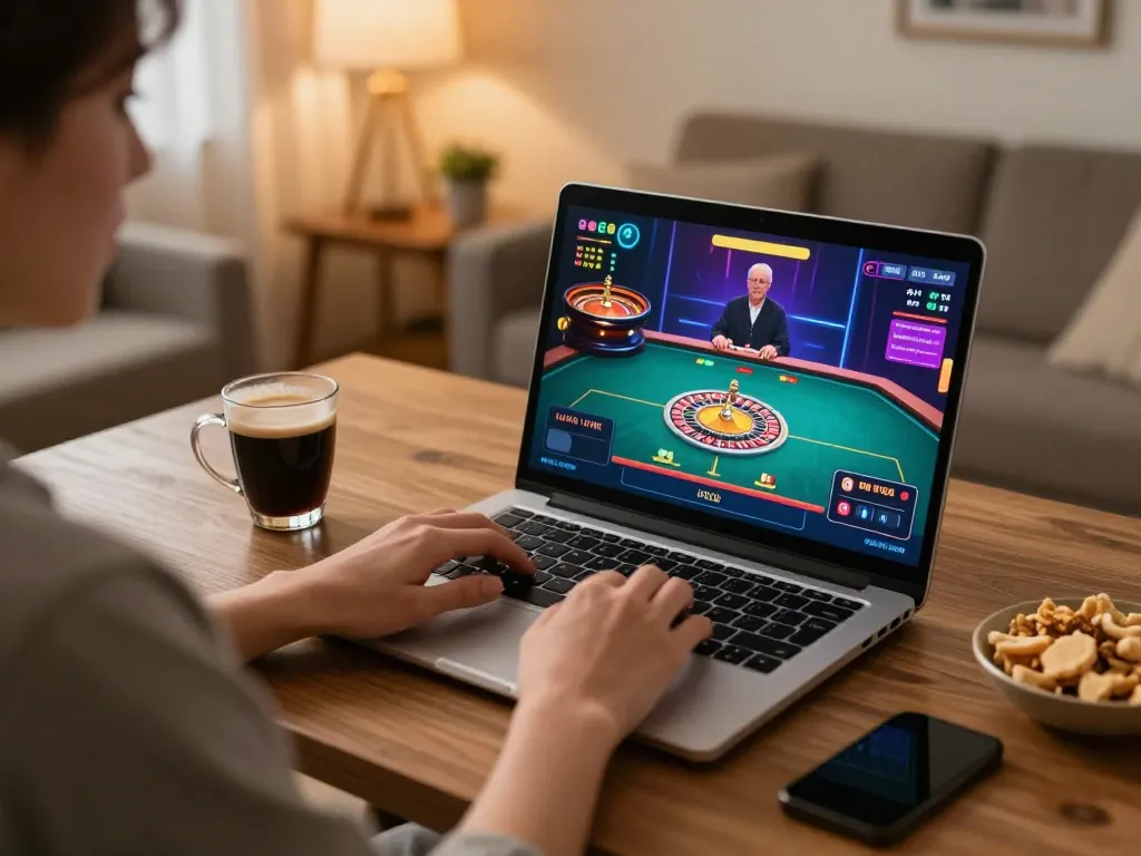 Player engaging in online casino gaming on TR88 with laptop, chips, and drinks