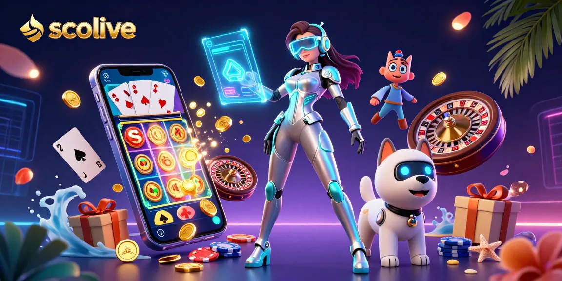 Socolive brings excitement with vibrant casino elements, showcasing a futuristic gaming scene.