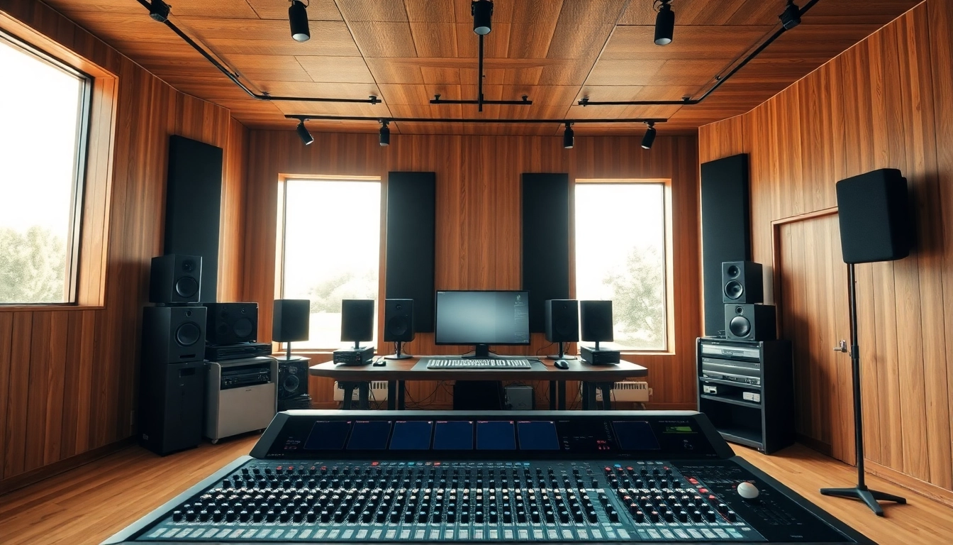 An audio mixing studio showcasing online audio mastering techniques with a modern mixing console.
