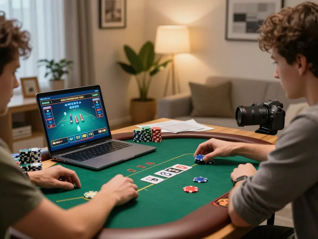 Engaging in strategic poker gameplay on sunwingo platform with focused player and vibrant home setup.
