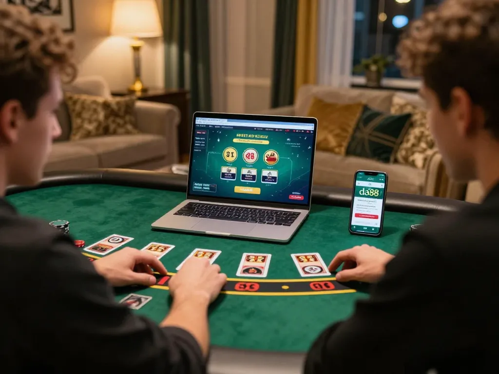 Engaged player enjoying blackjack on da88 online casino setup with smartphone and laptop
