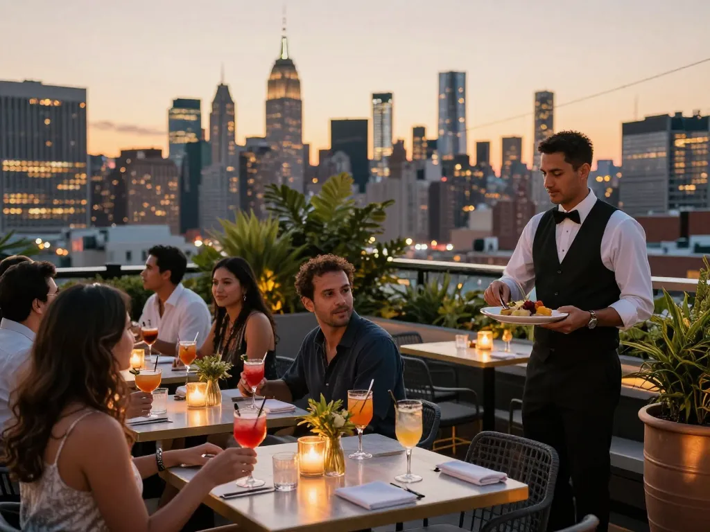 Sipping cocktails at Nohu rooftop bar with Manhattan skyline views.