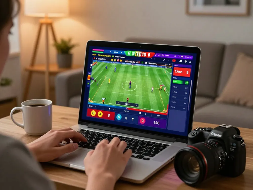 Engaging in sports betting at Five88 with virtual interfaces on laptop in a cozy home setting.