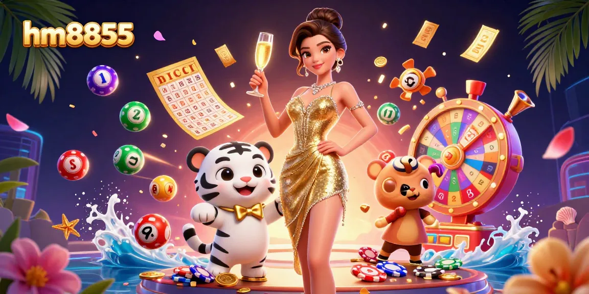 Play at hm8855 and experience thrilling games with colorful lottery balls and vibrant prize elements.