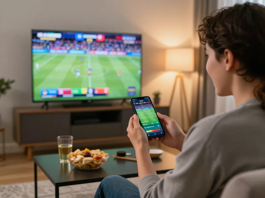 Engaging online sports betting scene with a person using the FIVE88 app while enjoying a game.