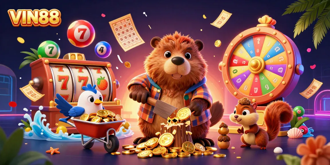 Join the excitement at VIN88 with our lively casino illustration showcasing fun slot action.