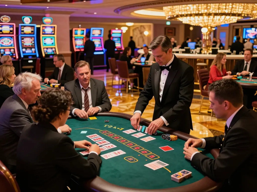 Players strategizing at VB88 blackjack tables in a luxurious Vegas casino atmosphere