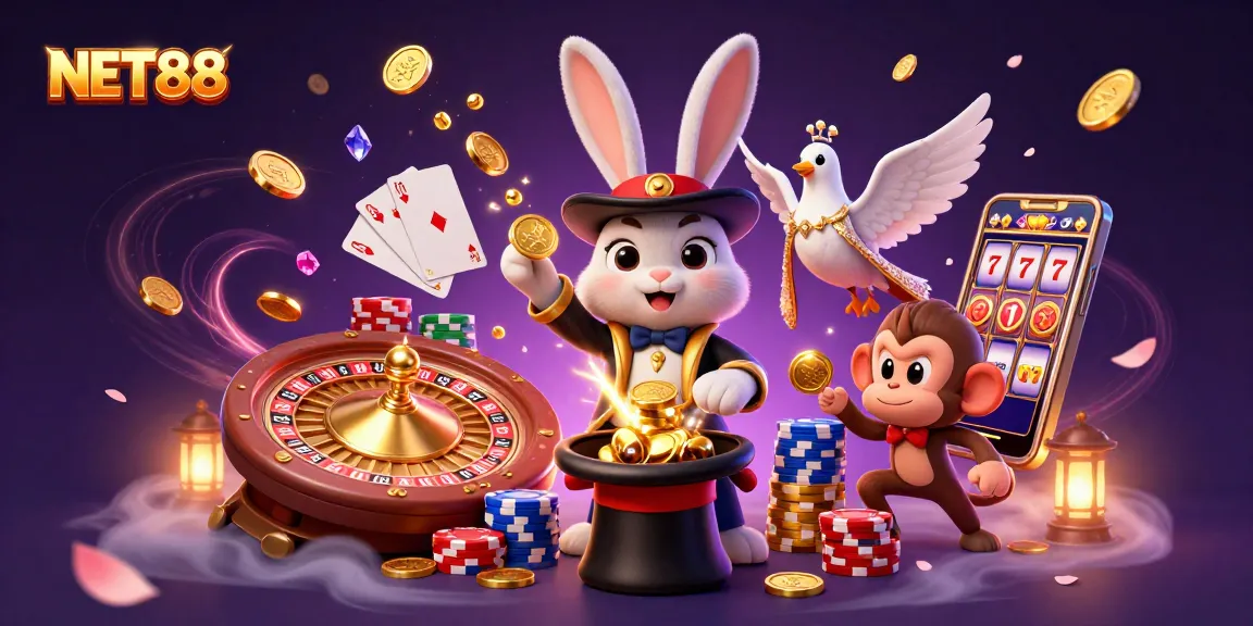 Play with NET88 in this vibrant casino scene featuring a magician rabbit, sparkling coins, and poker chips.