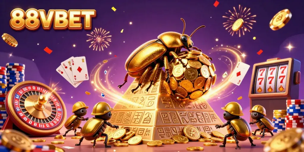 Experience the thrilling action at 88VBET with a golden dung beetle rolling coins in a lively 3D casino scene.