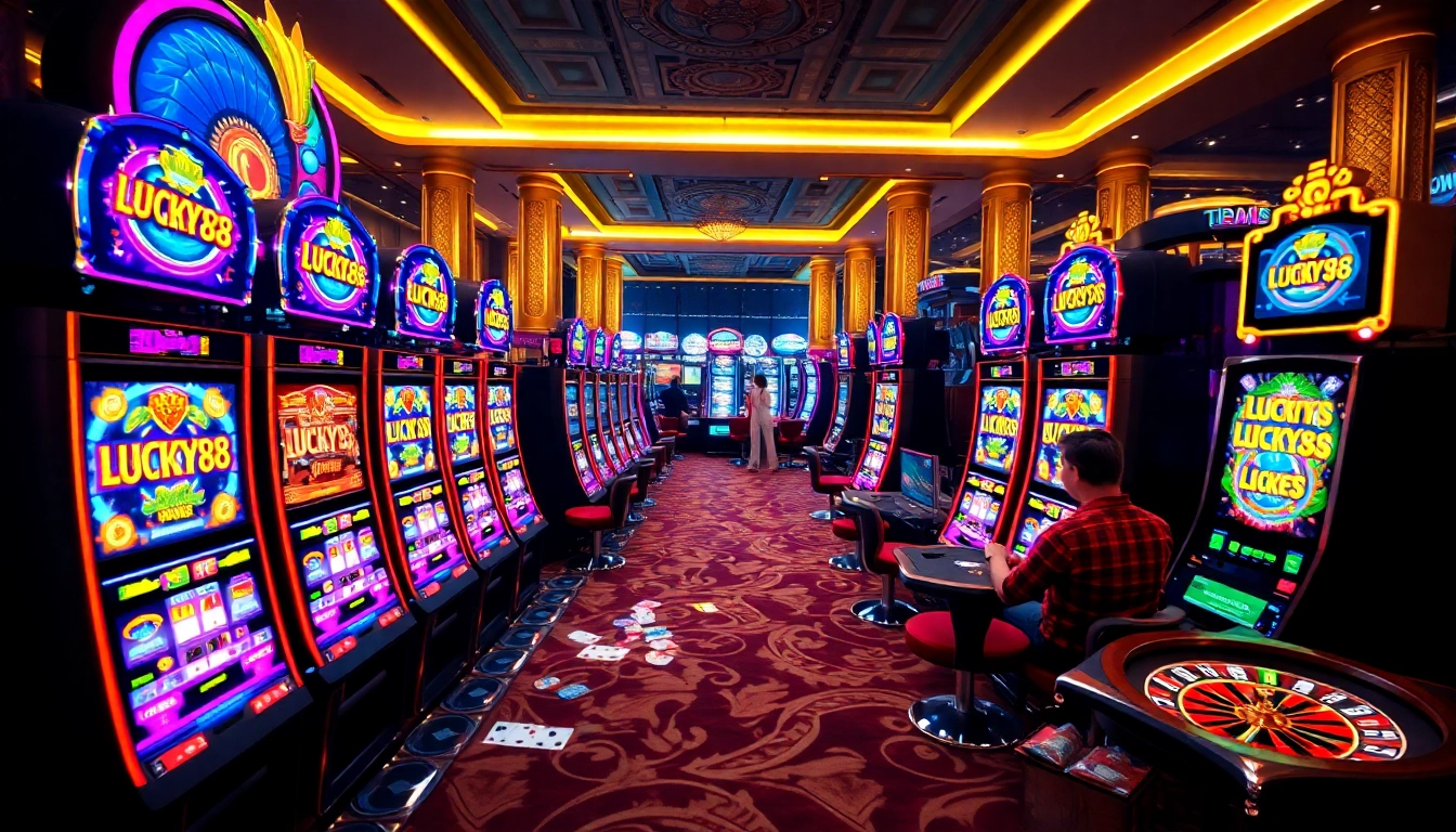 Players enjoying an exciting game at LUCKY88 casino with vibrant slot machines and interactive tables.