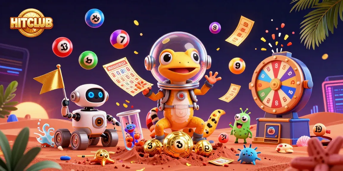 Experience the excitement of HITCLUB with vibrant gaming elements and characters in a 3D illustration.