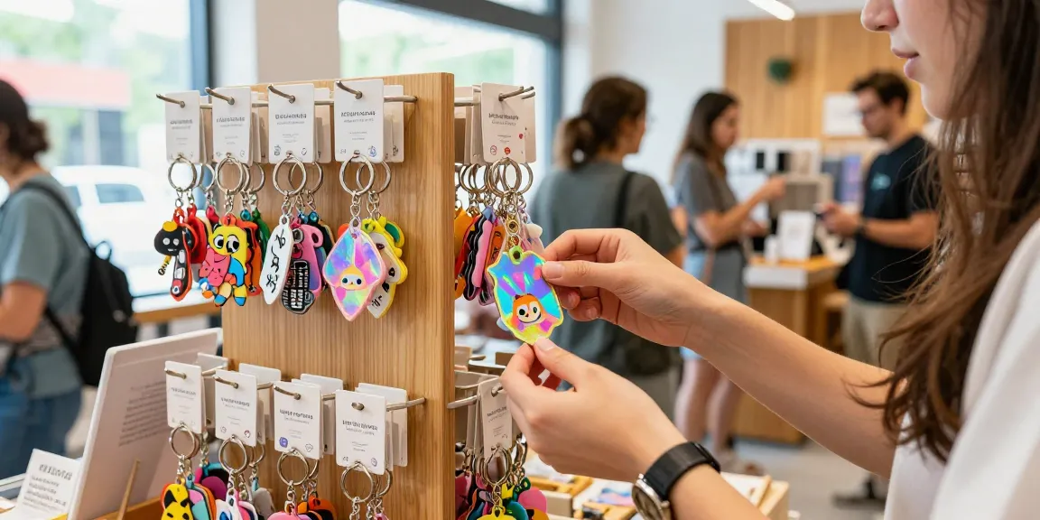 Explore a vibrant selection of custom keychains displayed in a stylish shop, showcasing personalized designs for every taste.