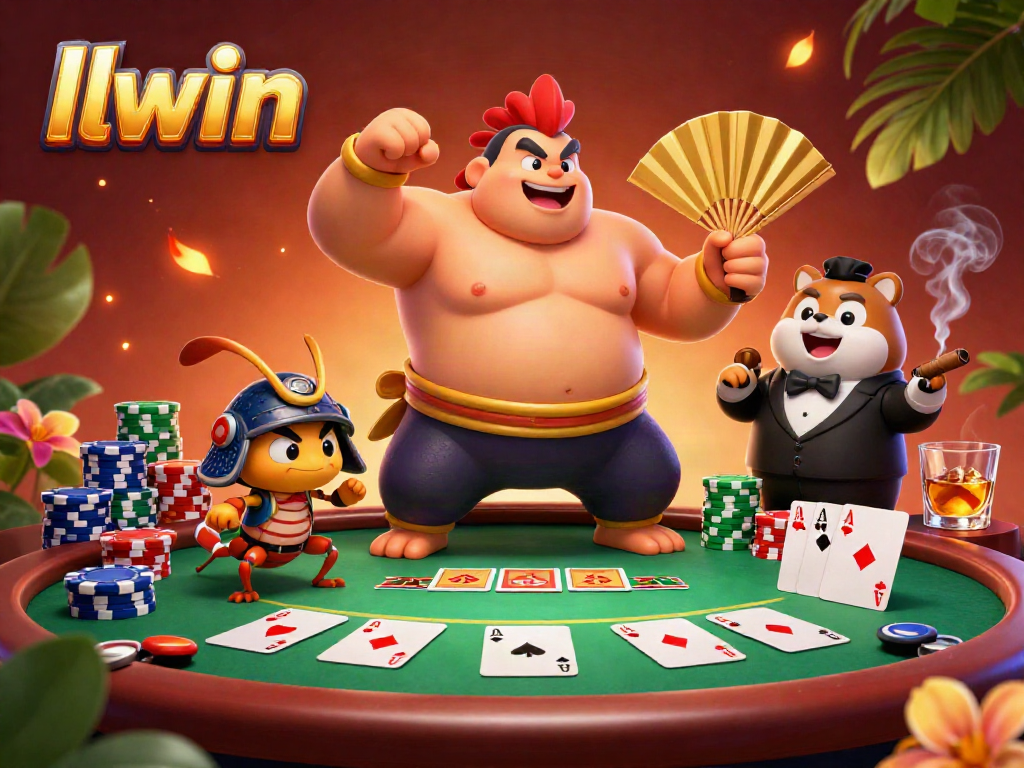 llwin casino illustration featuring a powerful rooster sumo wrestler, a fierce cricket, and a tanuki with a golden fan.