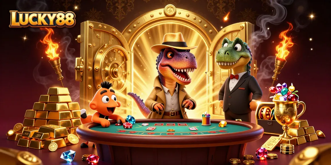 Experience thrill with LUCKY88 as a velociraptor card counter navigates the blackjack table.