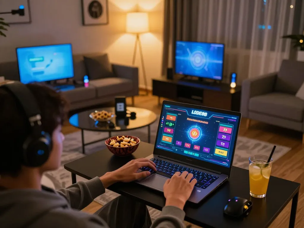 Enjoying LODE88 online gaming experience in a cozy setting with modern decor and engaging gameplay.
