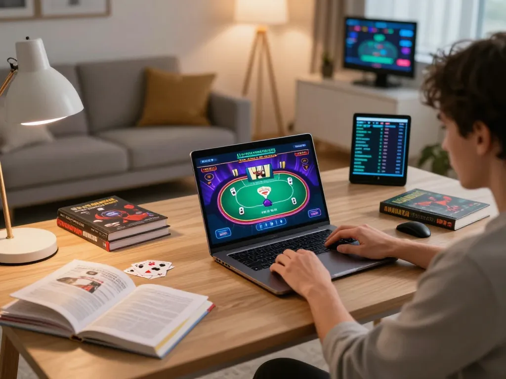 Player strategizing at home for fun79 top poker game, laptop screen displaying vibrant gameplay.
