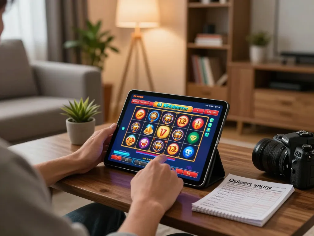 Player engaging with F168 online casino on tablet, showcasing colorful slots interface and cozy living room setting.