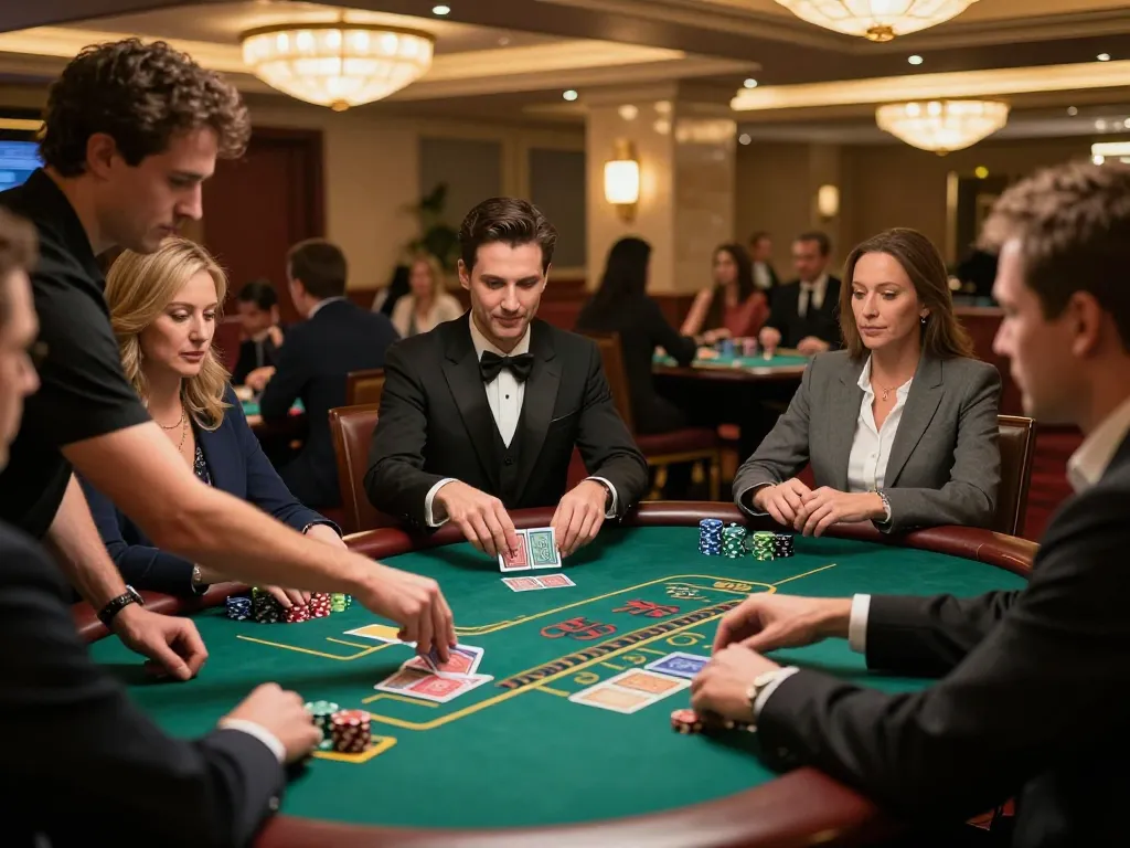 Players strategizing their bets at the HD88 blackjack table in a luxurious casino