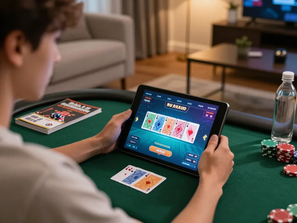 Player engaging with lc88 poker app on tablet, showcasing strategy and game focus