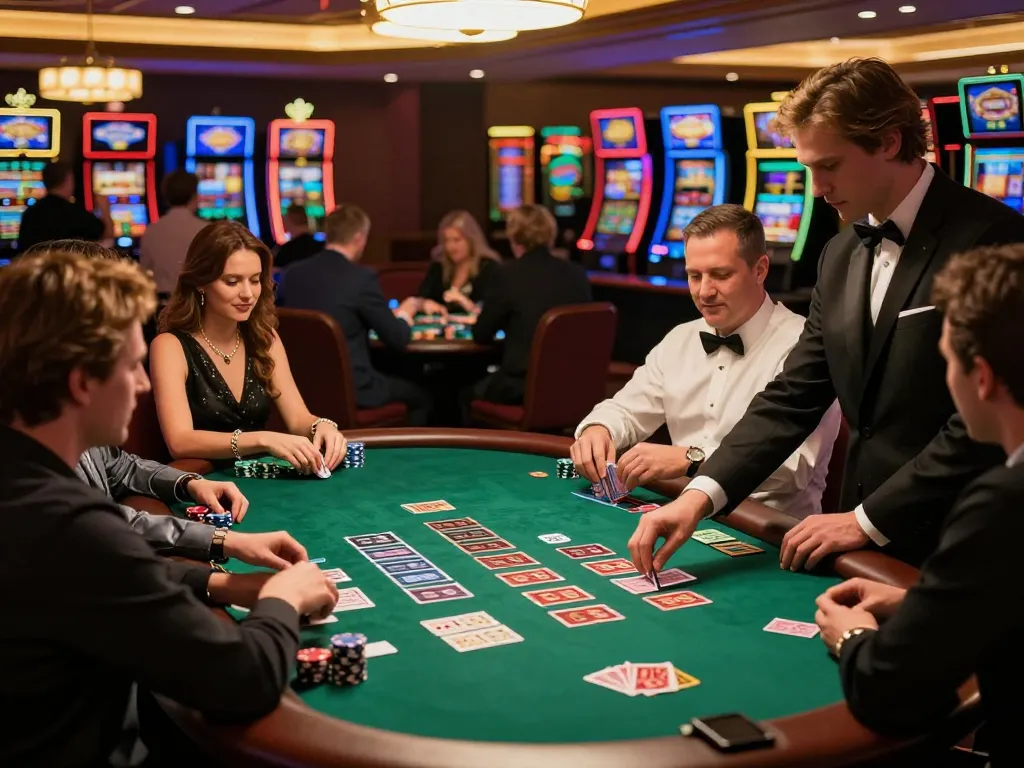 Players engaging in blackjack at s666 casino, showcasing lively atmosphere and dealer in action