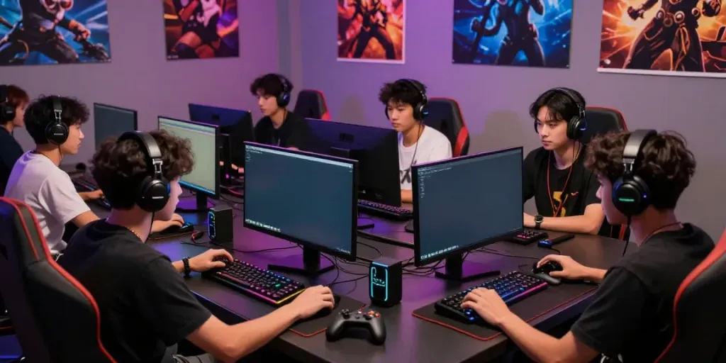 Gamers engaged in competitive online play, showcasing rokok88's community spirit and technology.