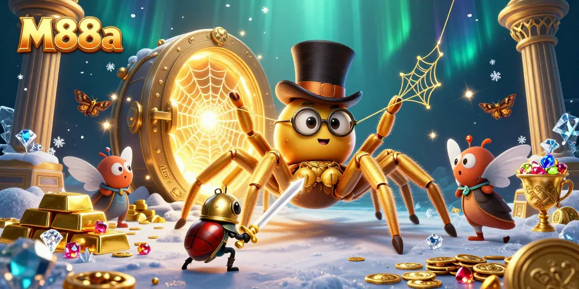 M88a illustration showcasing a golden tarantula and beetle knight amidst heaps of casino treasures.