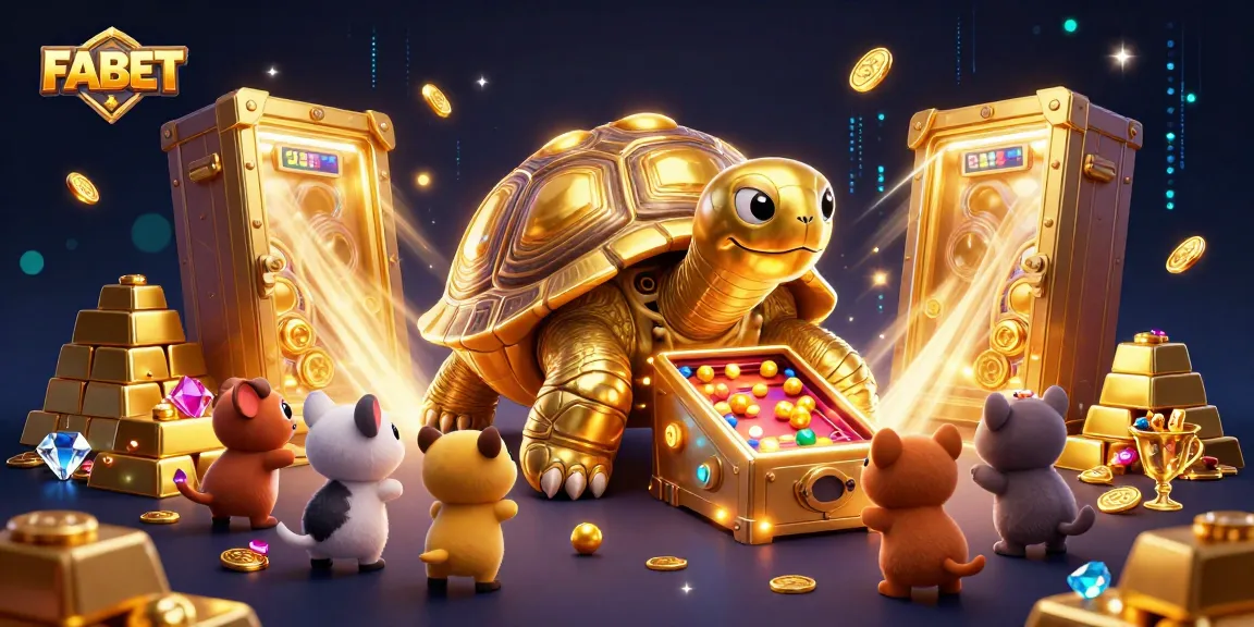 Experience FABET's vibrant casino world with a colossal golden tortoise and treasures.