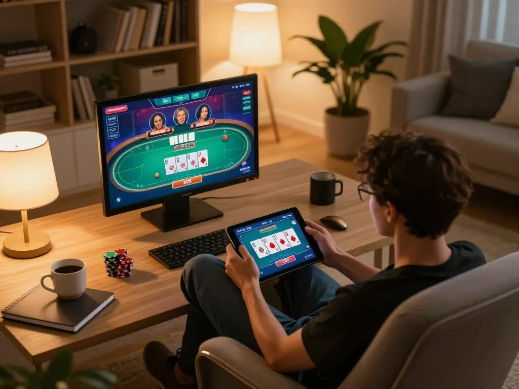 Engaging gameplay interface on OnBet as a person plays poker on a tablet in a cozy home setting