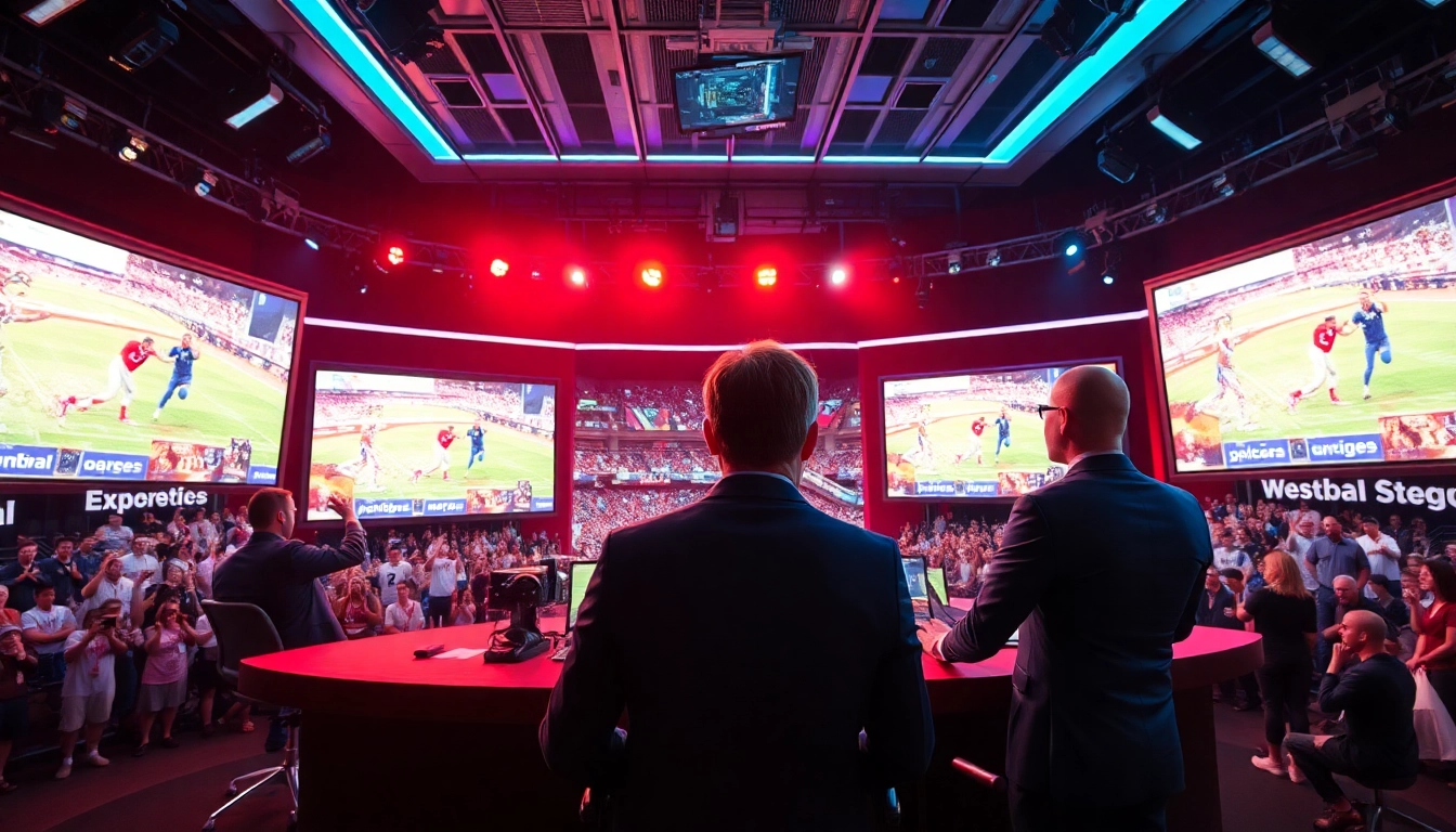 Dynamic scene of sports broadcasting showcasing live events and presenters engaging with audiences.