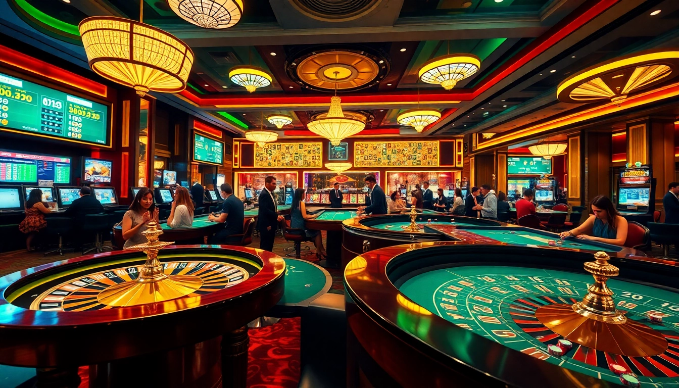 Exciting casino atmosphere at https://ffgg88.com/, with players enjoying games at tables and vibrant designs.