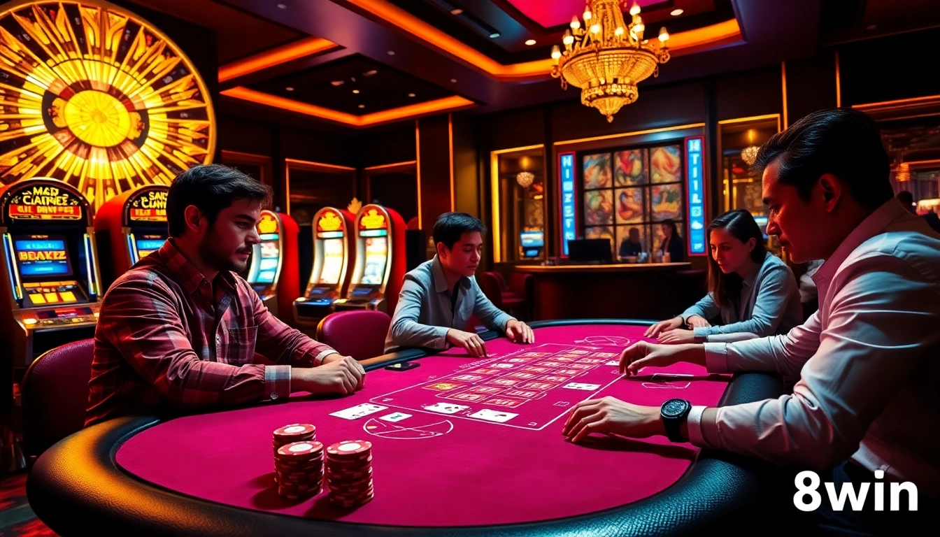 Experience the excitement of 98win at a luxurious Blackjack table surrounded by vibrant casino elements.