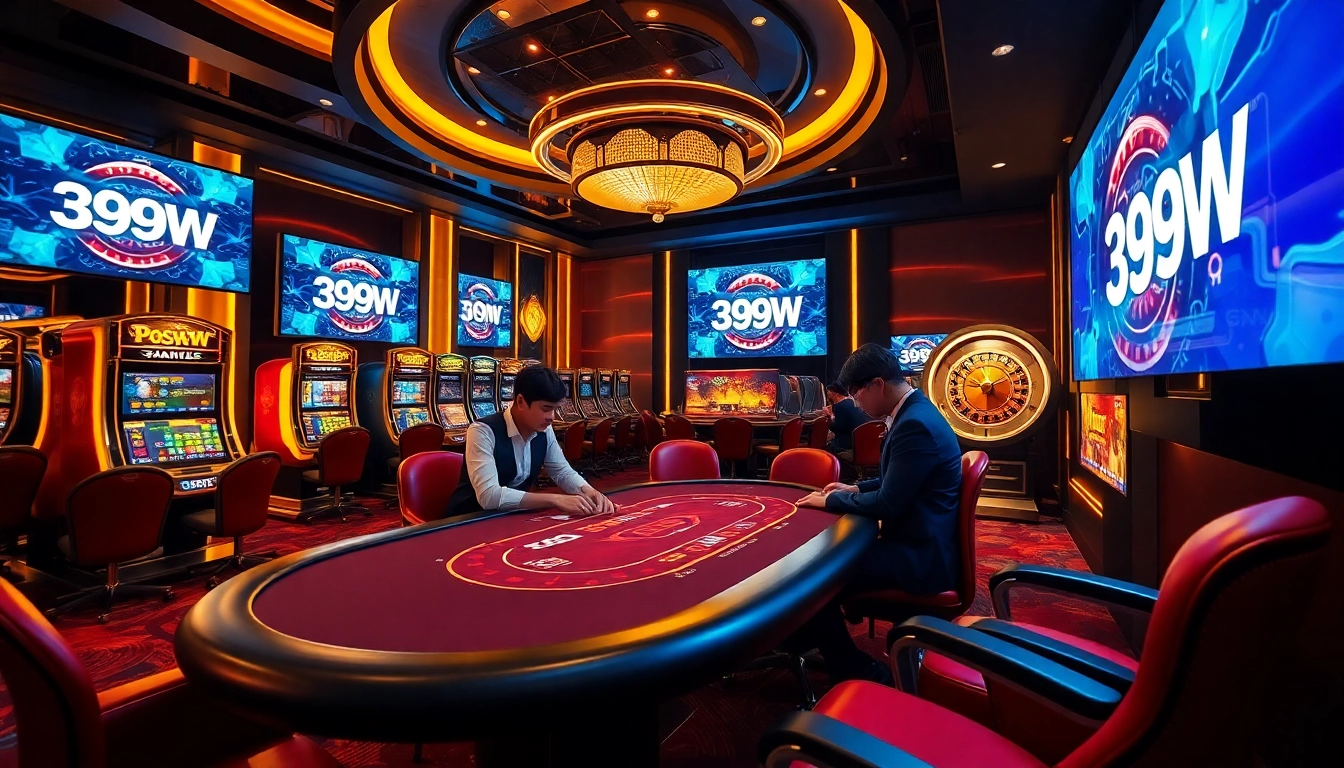 Play poker at an exciting casino table featuring 399W branding and vibrant slot machines.