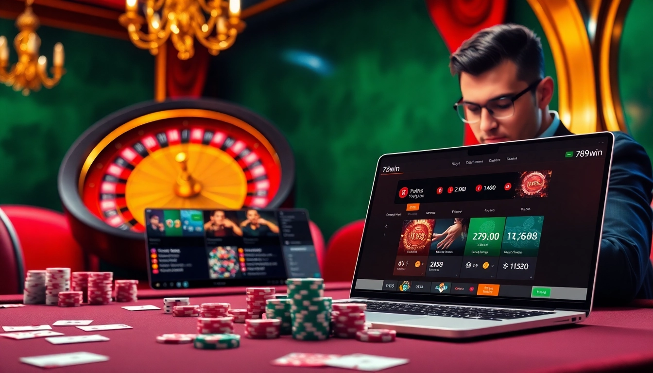 Experience the excitement of gambling with 789win's vibrant casino layout showcasing tables, chips, and a roulette wheel.