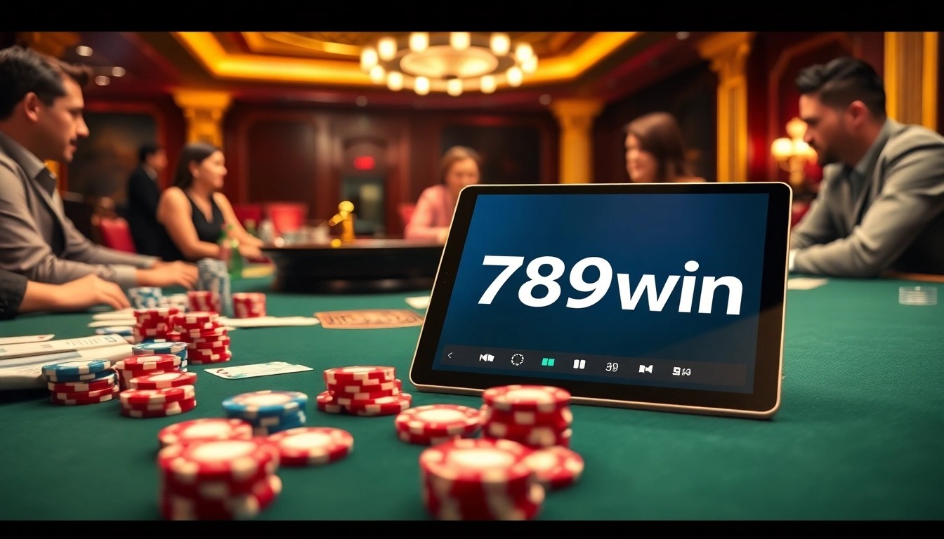 A vibrant casino scene featuring 789win branding with poker chips and a roulette wheel.