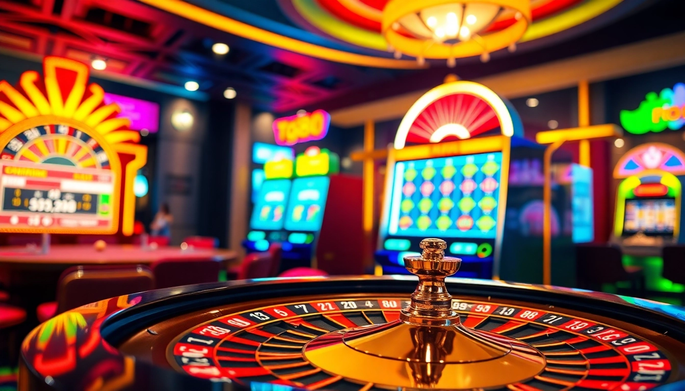 Experience the thrill of casino gaming with tg88 as players engage around a vibrant roulette wheel and eye-catching slot machine.