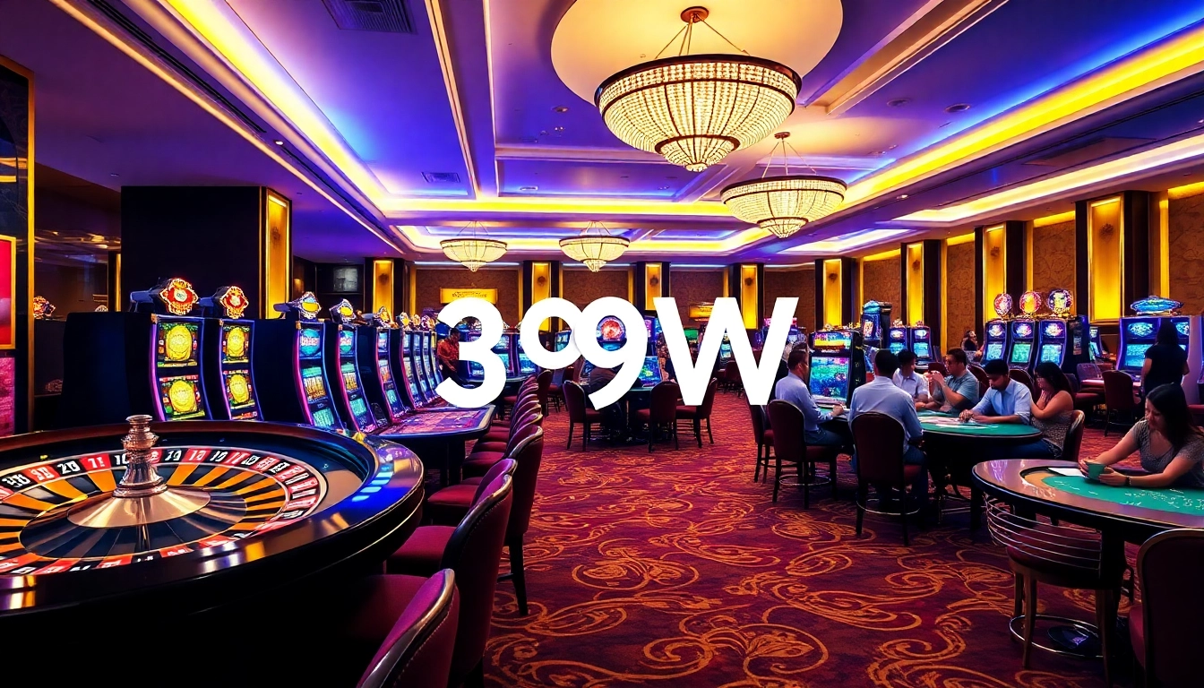 Exciting casino scene highlighting 399W with vibrant gaming tables and enthusiastic players.