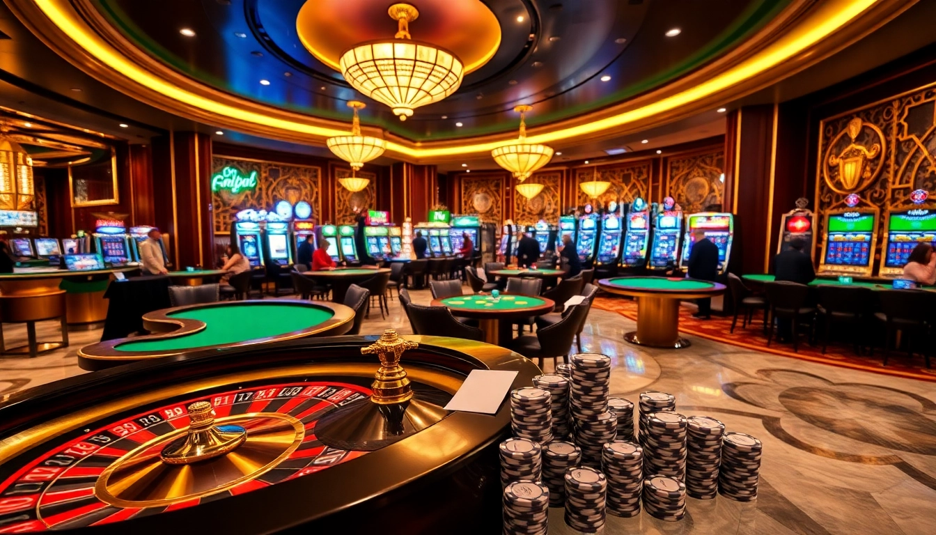 Exciting casino scene showcasing link fun88 with players at tables and vibrant slot machines.