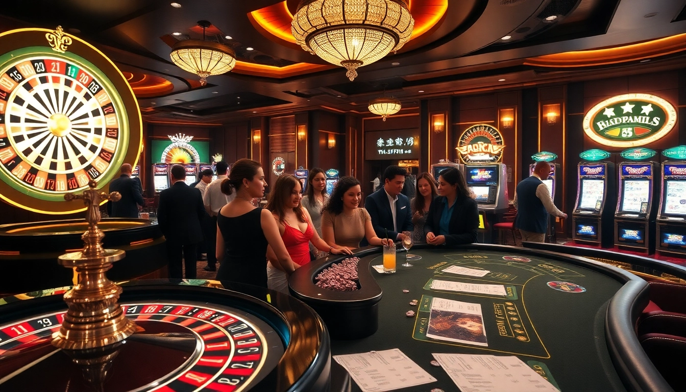 Players enjoying games at https://luck8.locker/ with vibrant slot machines and roulette wheel.