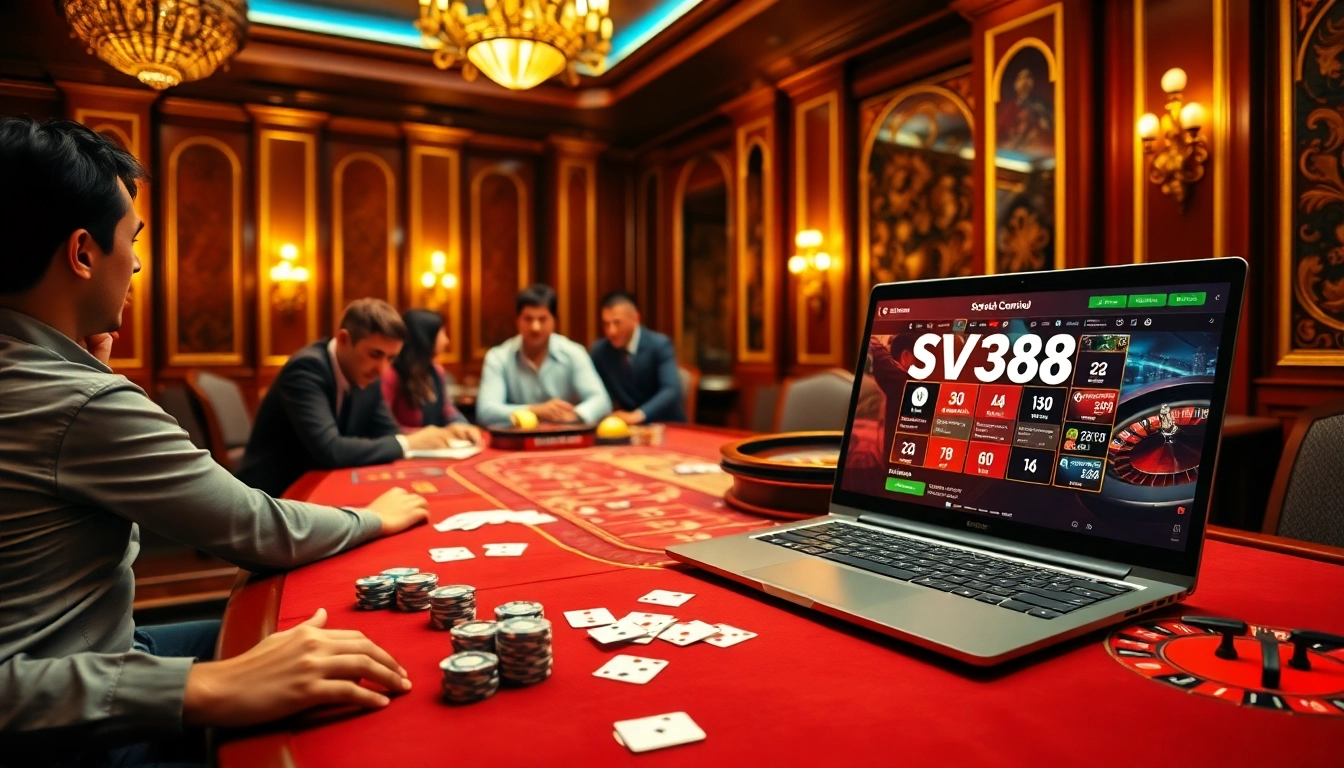 Exciting gamblers placing bets at the SV388 online betting interface in a luxurious casino setting.