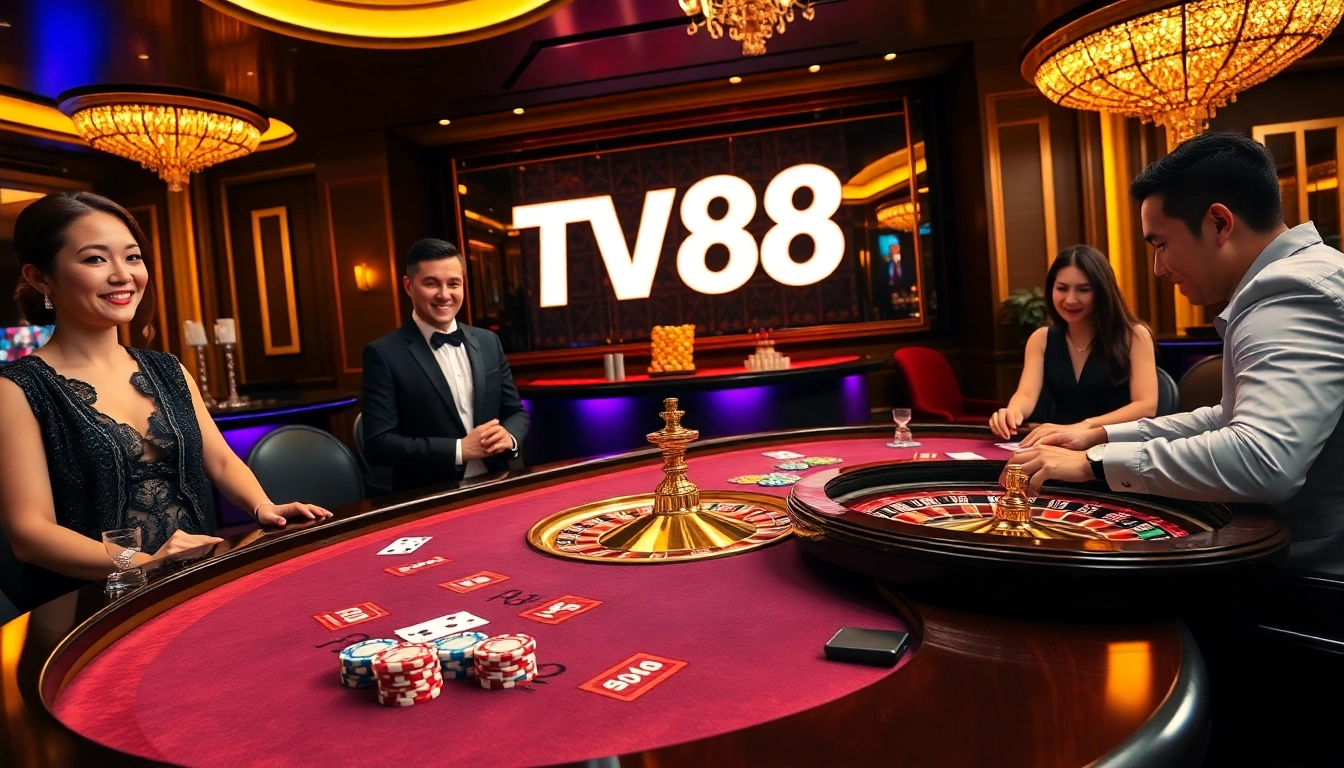 Players engaging in a high-stakes poker game at a luxurious TV88 casino table.