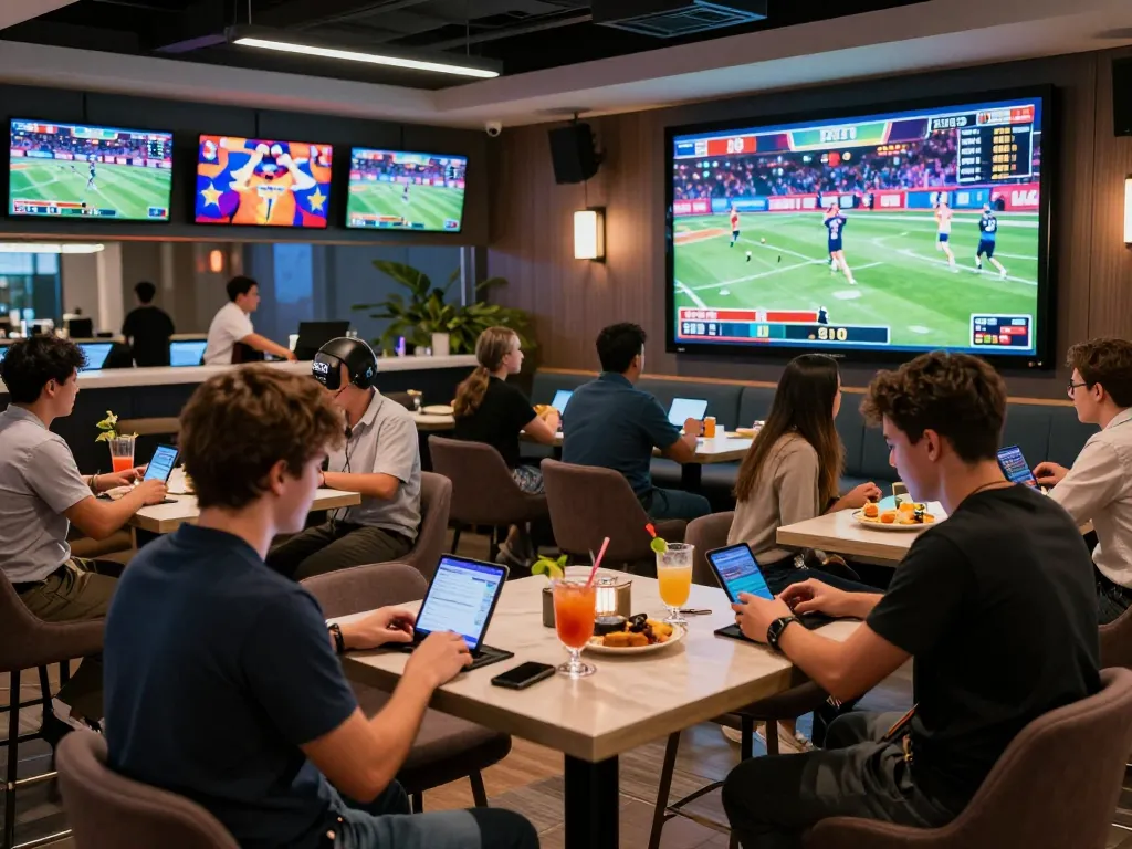 Net88 bettors enjoying live sports betting in a vibrant lounge setting with enthusiastic interactions