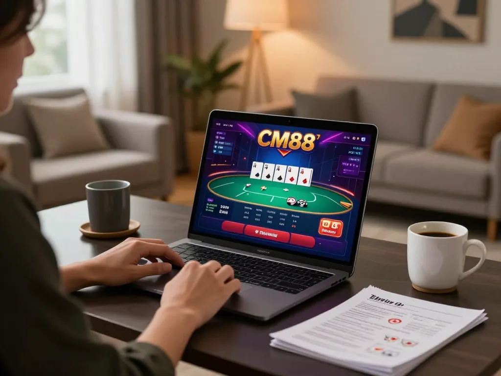 Engaging scene of online gambling at https://cm88bet.org/ with a player immersed in poker strategy.