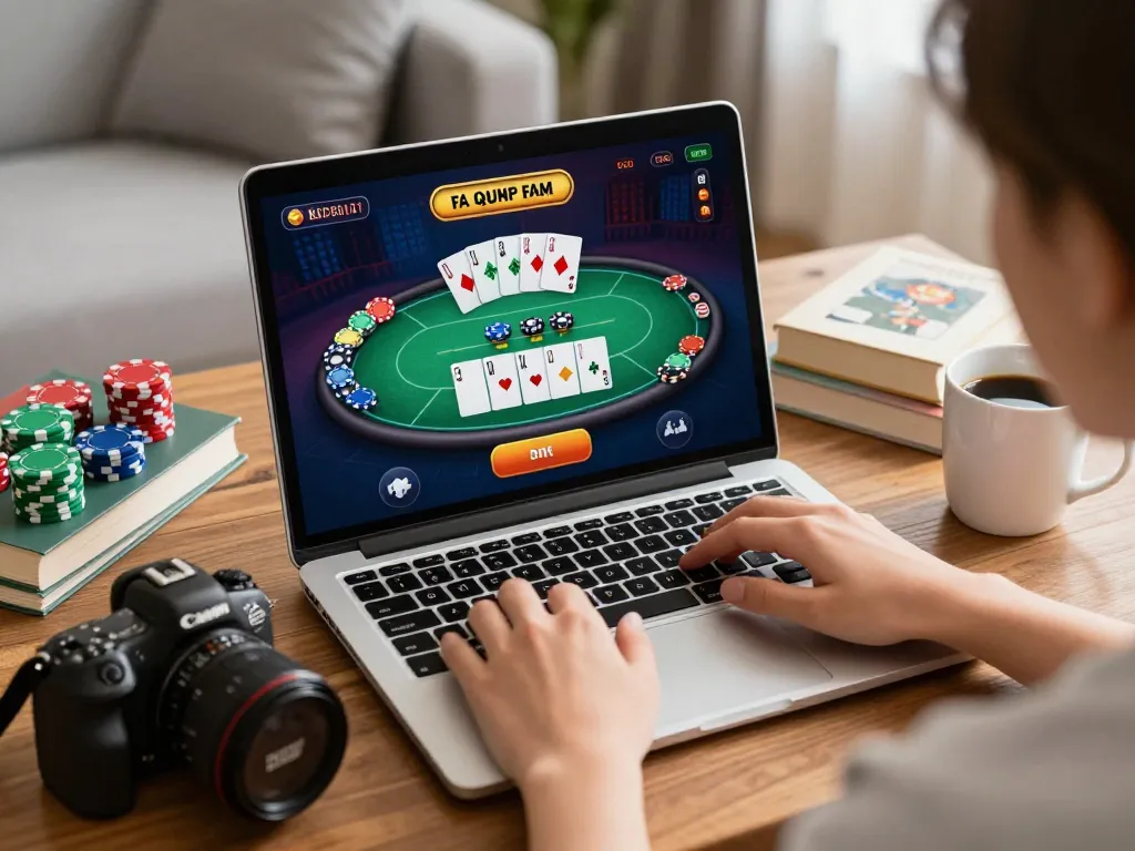 Engaging online casino gameplay with debet interface displayed, showcasing poker strategy in a home setting.