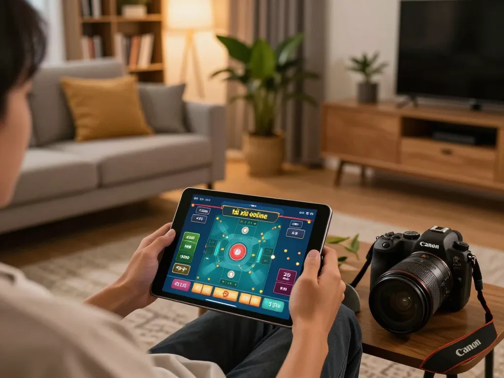 Engaging with the app tài xỉu online on a tablet in a cozy living room setting, showcasing strategic gameplay.